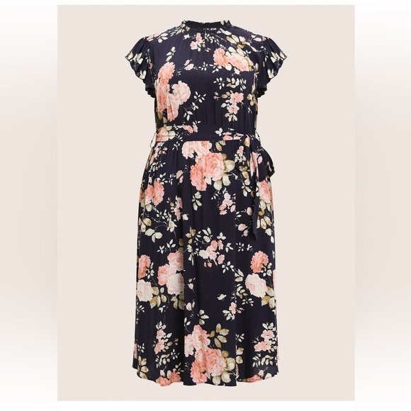 BloomChic Floral Frill Trim Mock Neck Pocket Ruffle Belted Cap Sleeve Dress - Picture 8 of 9